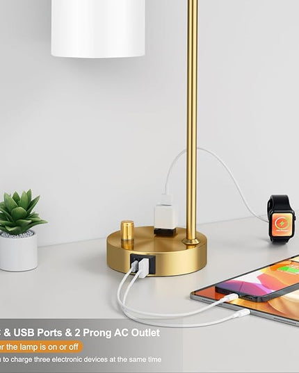 Innqoo Gold Lamp for Bedroom - Industrial Bedside Table Lamp with USB Port and Outlet, Fully Dimmable Nightstand Lamp with Opal Glass Shade, Small Desk Lamps for Home Office - LeafyLoom