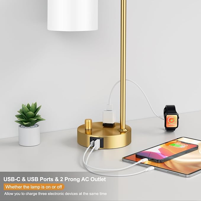 Innqoo Gold Lamp for Bedroom - Industrial Bedside Table Lamp with USB Port and Outlet, Fully Dimmable Nightstand Lamp with Opal Glass Shade, Small Desk Lamps for Home Office - LeafyLoom