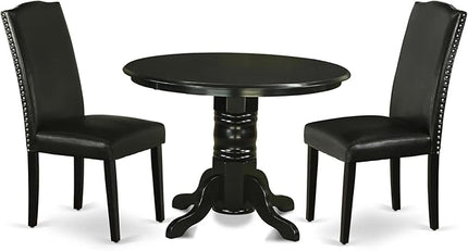 East West Furniture SHEN3-BLK-69 3 Piece Kitchen Table Set Contains a Round Dining Table with Pedestal and 2 Black Faux Leather Parson Dining Room Chairs, 42x42 Inch, Black - LeafyLoom