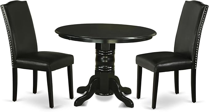 East West Furniture SHEN3-BLK-69 3 Piece Kitchen Table Set Contains a Round Dining Table with Pedestal and 2 Black Faux Leather Parson Dining Room Chairs, 42x42 Inch, Black - LeafyLoom