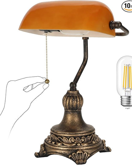 Bankers Lamp with Pull Switch, Amber Glass Desk Lamp with Retro Black/Gold Finish, Vintage Table Lamps for Living Room, Home Office, Library, Piano LED Bulb Included (Amber) - LeafyLoom
