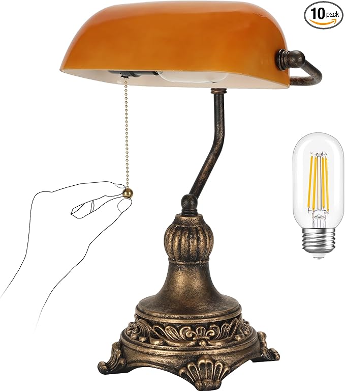 Bankers Lamp with Pull Switch, Amber Glass Desk Lamp with Retro Black/Gold Finish, Vintage Table Lamps for Living Room, Home Office, Library, Piano LED Bulb Included (Amber) - LeafyLoom