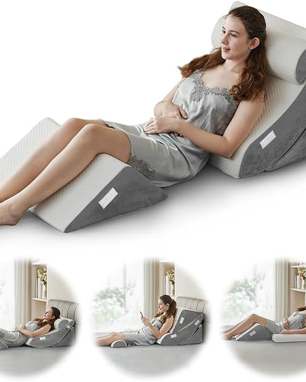 4PCS Orthopedic Bed Wedge Pillow Set – Post Surgery, Relaxing, Back & Adjustable Head Support Cushion – Triangle Memory Foam Pillow for Acid Reflux, Sleeping, Reading, Leg Elevation (White Grey) - LeafyLoom