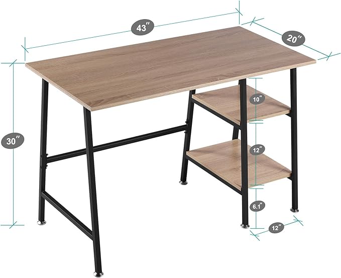 VECELO 43 Inch Computer Modern Student Writing home-office, Ladder Desk, Oak+black Leg - LeafyLoom
