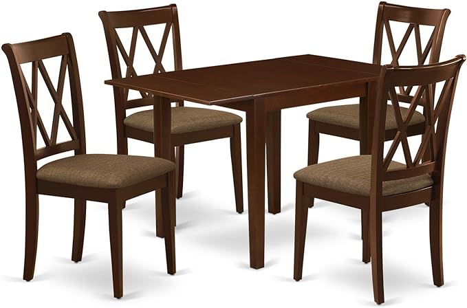 East West Furniture NDCL5-MAH-C Norden 5 Piece Room Furniture Set Includes a Rectangle Dining Table with Dropleaf and 4 Linen Fabric Upholstered Chairs, 30x48 Inch, Mahogany - LeafyLoom