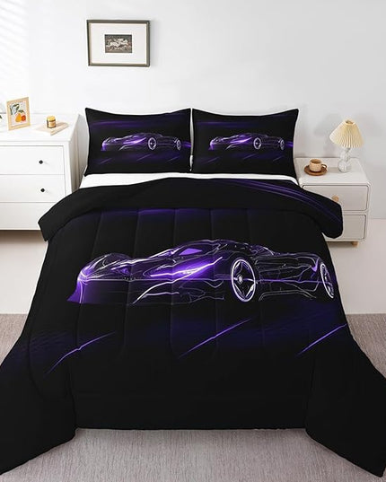 Feelyou Dull Purple Race Car Bedding Set Queen Size for Kids Boys Extreme Sport Games Comforter Set Teens Toddler Fast and Furious Duvet Set Cool Modern Quilt Set 3Pcs - LeafyLoom