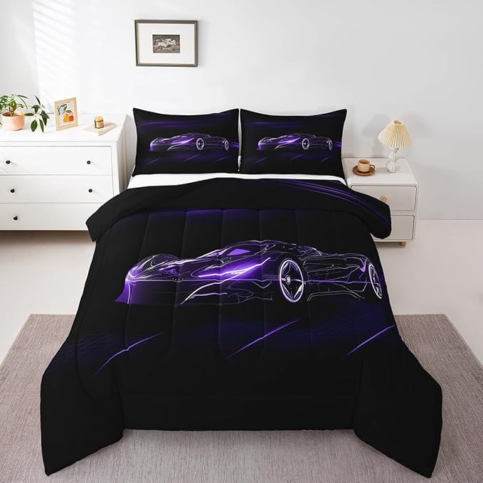 Feelyou Dull Purple Race Car Bedding Set Queen Size for Kids Boys Extreme Sport Games Comforter Set Teens Toddler Fast and Furious Duvet Set Cool Modern Quilt Set 3Pcs - LeafyLoom