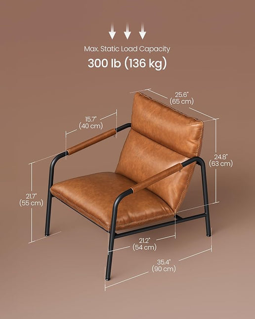 VASAGLE EKHO Collection - Accent Chair, Metal Framed Armchair, Synthetic Leather with Stitching, Mid-Century Modern, Sling Chair for Living, Bedroom, Reading Room, Lounge, Caramel Brown ULAC014K01 - LeafyLoom