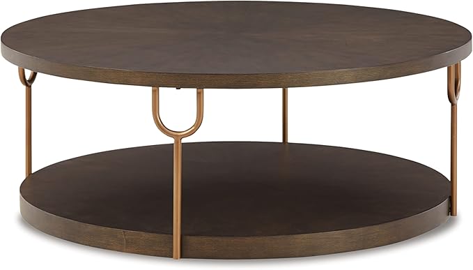 Signature Design by Ashley Brazburn Contemporary Round 42" Coffee Table, Metallic & Brown Finish - LeafyLoom