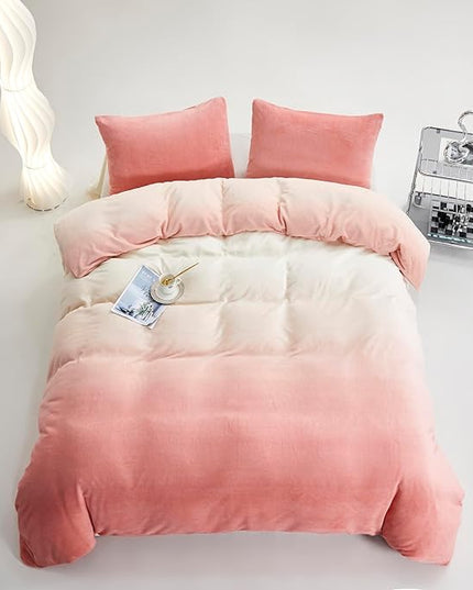 Pink White Gradient Comforter Set King Pink Velvet Bedding Comforter Modern Plain White and Pink Gradient Soft Quilt Farmhouse Flannel Comforter Girls Women Warm King Bed Comforter - LeafyLoom