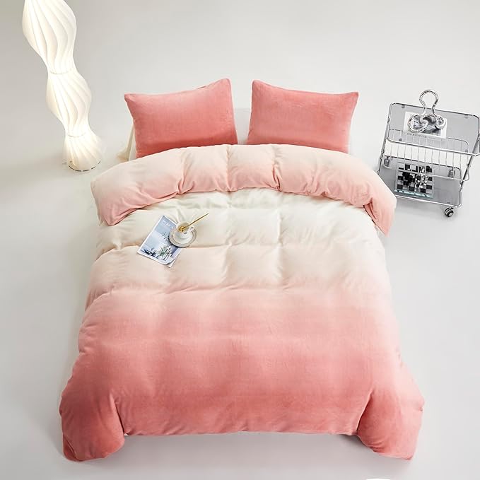 Pink White Gradient Comforter Set Cal King Pink Velvet Bedding Comforter Modern Plain White and Pink Gradient Soft Quilt Farmhouse Flannel Comforter Women Warm California King Bed Comforter - LeafyLoom
