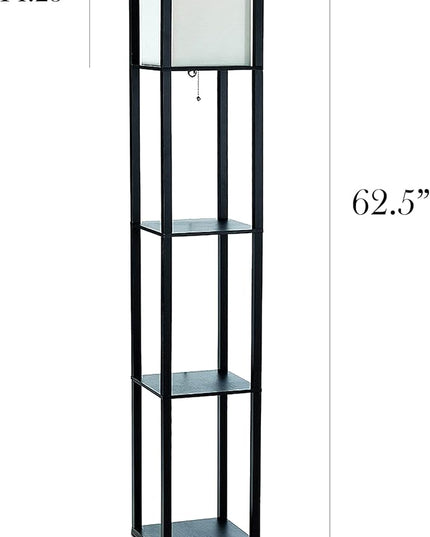 Simple Designs LF1014-BLK-LB Three Shelf Etagere Organizer Storage Floor Lamp with White Linen Shade for Living Room, Bedroom, Office, Hallway, Black, with Feit LED Bulb Included - LeafyLoom
