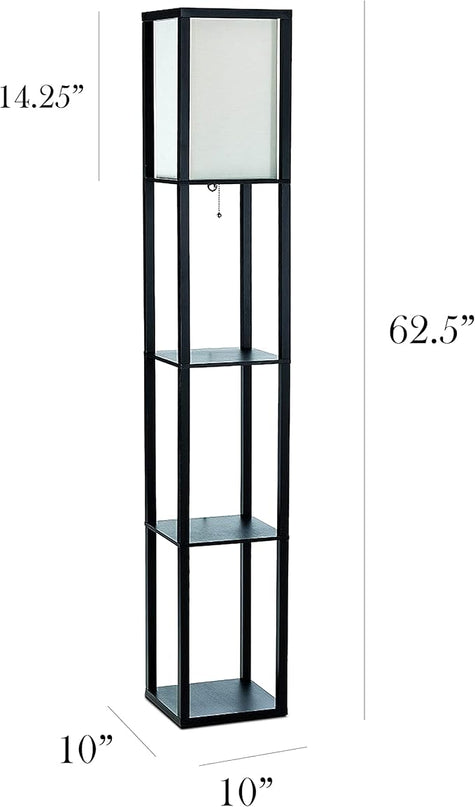 Simple Designs LF1014-BLK-LB Three Shelf Etagere Organizer Storage Floor Lamp with White Linen Shade for Living Room, Bedroom, Office, Hallway, Black, with Feit LED Bulb Included - LeafyLoom