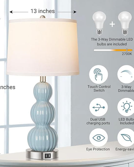 Qimh Table Lamps for Bedroom Set of 2, 26.5" Bedside Lamps for Living Room with USB Ports Touch Control, Modern Blue Ceramic Nightstand Lamp White Shade Home Decor (LED Bulb Included) - LeafyLoom