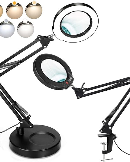 5X Magnifying Glass with Light and Stand, Upgrade Button 5 Color Modes Stepless Dimmable, 2-in-1 LED Lighted Magnifier Light, Hands Free Desk Lamp with Clamp for Craft Hobby Reading Close Work - LeafyLoom