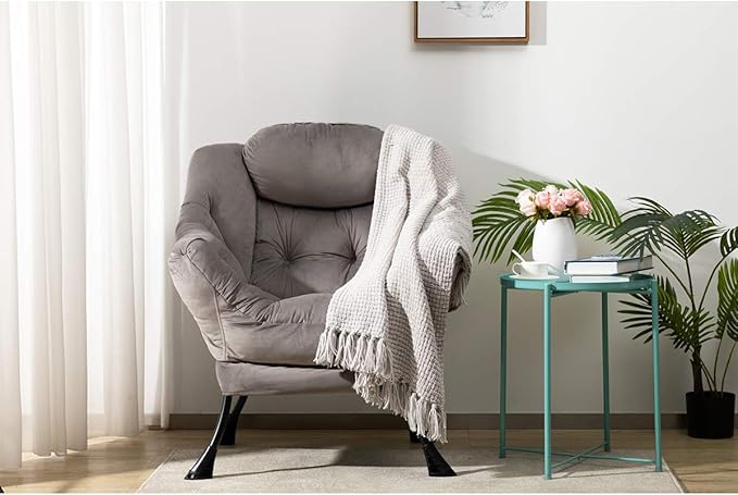 AcozyHom Modern Fabric Large Lazy Chair, Accent Oversized Comfy Reading Chair, Thick Padded Cozy Lounge Chair with Armrest, Steel Frame Leisure Sofa Chair for Living Room, Bedroom, Dorm, Smoky Grey - LeafyLoom