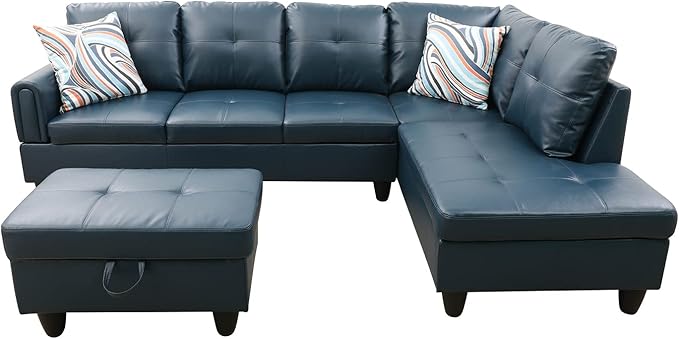 ROOMTEC Button 3 Piece L Shape Sectional Sofa Set, Upholstered Corner Couch with Storage Ottoman, Faux Leather Tufted Cushions, for Living Room, Apartment, 97inch, Denim w/Right Chaise Lounge - LeafyLoom