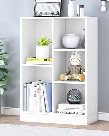 IOTXY Open Shelf Low Bookcase - Wooden 3-Tier Floor Standing Display Cabinet Organizer with Base, 5 Cubes Short Horizontal Bookshelf in Warm White - LeafyLoom
