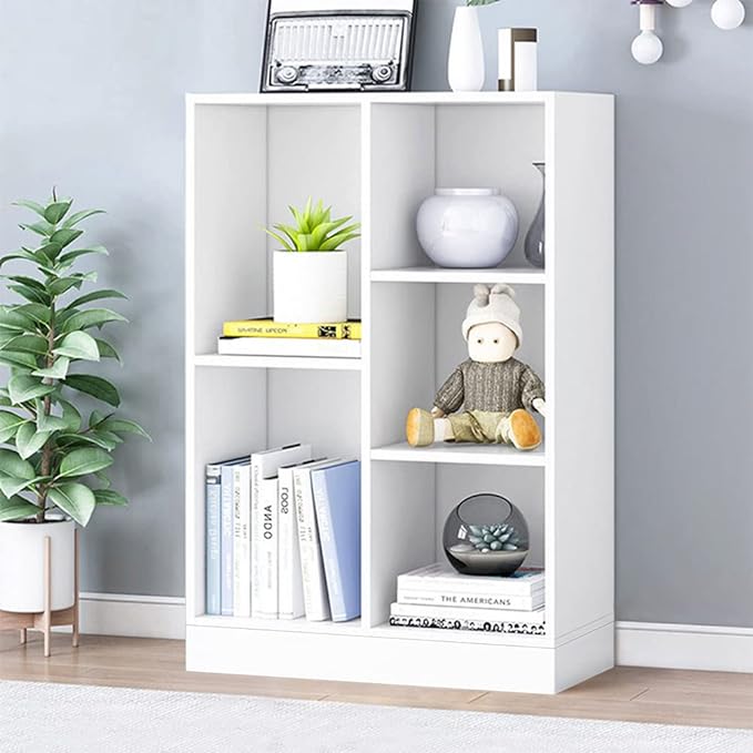 IOTXY Open Shelf Low Bookcase - Wooden 3-Tier Floor Standing Display Cabinet Organizer with Base, 5 Cubes Short Horizontal Bookshelf in Warm White - LeafyLoom
