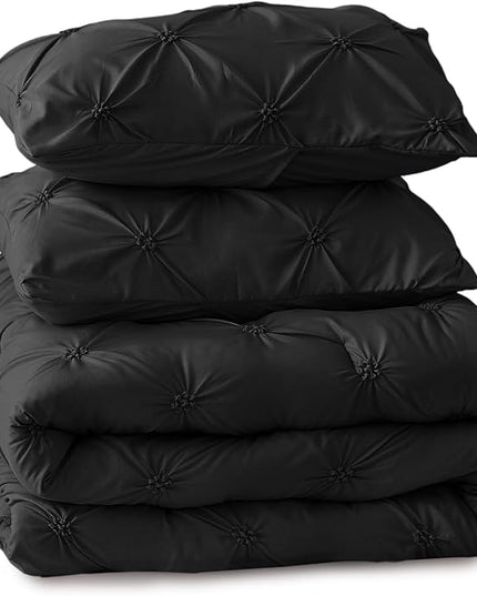 BEDELITE Black Comforter Set Queen - 3 Pieces Boho Pintuck Bedding Comforter Sets, Lightweight Soft & Warm Bed Comforter Queen with 2 Pillowcases for All Season - LeafyLoom