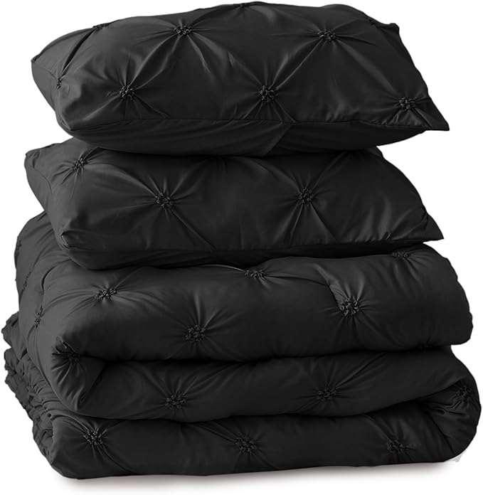 BEDELITE Black Comforter Set Queen - 3 Pieces Boho Pintuck Bedding Comforter Sets, Lightweight Soft & Warm Bed Comforter Queen with 2 Pillowcases for All Season - LeafyLoom