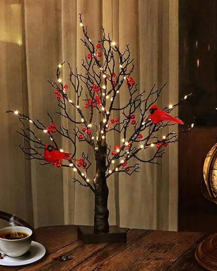 21in Black Birch Tree with 60 Led Lights, Twinkle Tree Lamp with Lighted Branches, Fairy Light Spirit Tree with 2 Red Birds for Room Decor, Easter, Halloween, Thanksgiving, Christmas, New Year, etc. - LeafyLoom
