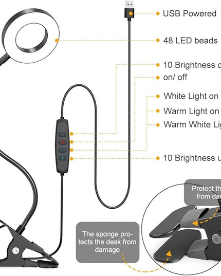 KEXIN Clip on Table Lamp 3 Color Modes 10 Brightness Eye-Caring Clamp Light Dimmable Reading Lamp 360° Rotatable Metal Gooseneck Desk Lamp Clamp Lamp Portable Small Desk Lamp for Home Office Work Lamp - LeafyLoom