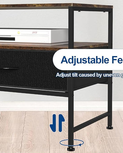 HEOMU Industrial TV Stand for 50 Inch Television Cabinet 3-Tier Console Table with Fabric Drawer, Entertainment Center Media Console Metal Frame for Living Room, Bedroom, Rustic Brown - LeafyLoom