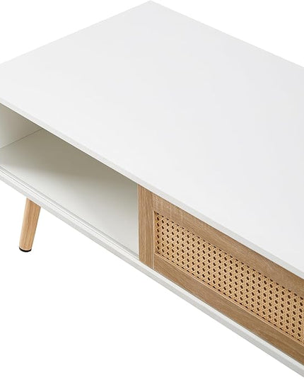 41.34" Mid Century Modern Coffee Table with Storage, Rectangle Wooden Accent Center Sofa Table with Sliding PE Rattan Woven Door Panel and Solid Wood Legs, Suitable for Living Room, Apartment - LeafyLoom