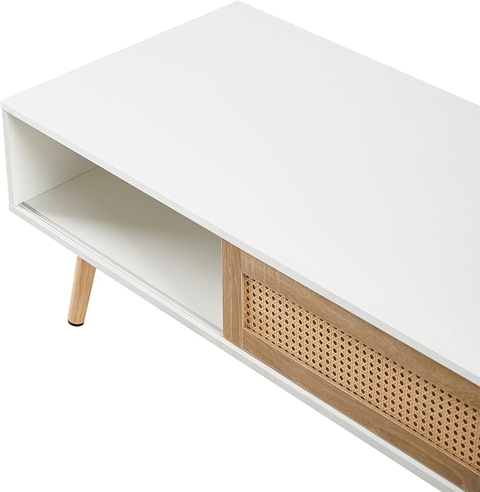 41.34" Mid Century Modern Coffee Table with Storage, Rectangle Wooden Accent Center Sofa Table with Sliding PE Rattan Woven Door Panel and Solid Wood Legs, Suitable for Living Room, Apartment - LeafyLoom