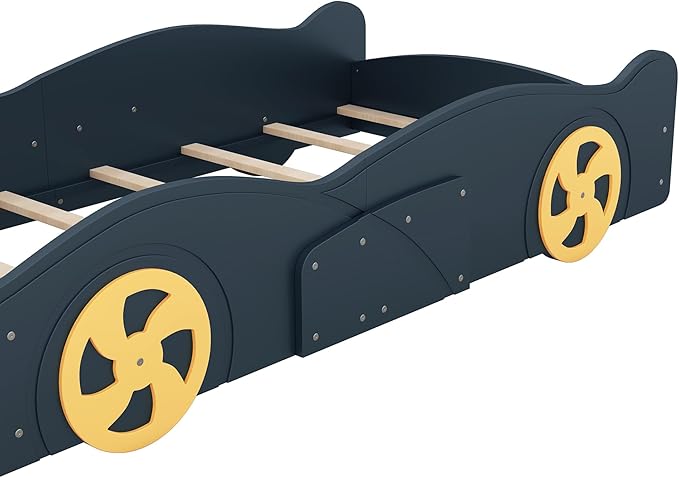 Twin Size Car Bed with Storage Space,Race Car-Shaped Platform Wooden Bedframe W/Wheels,No Box Spring Required,for Boys Toddlers Kids Child's Bedroom,Dark Blue+Yellow - LeafyLoom