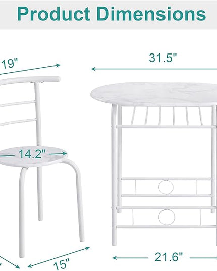 VECELO 3-Piece Dining Table Set for Kitchen Breakfast Nook, Faux Marbled Oval Tabletop and Metal Frame with Built-in Wine Rack, for Small Spaces, 31.5", White - LeafyLoom