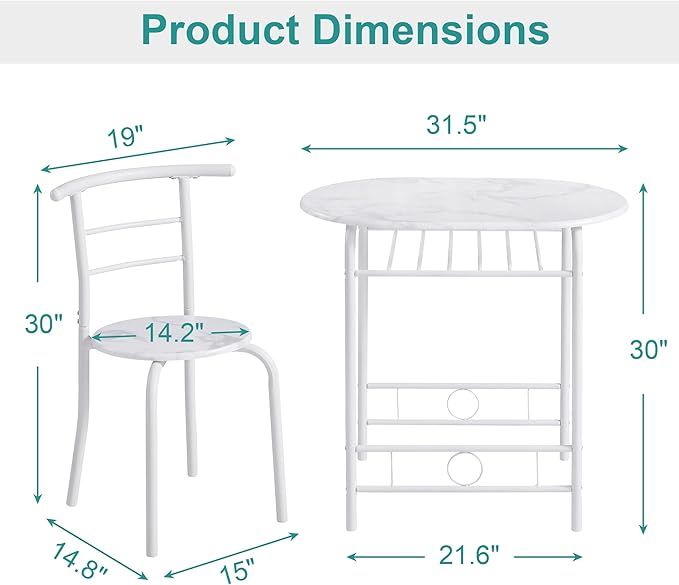 VECELO 3-Piece Dining Table Set for Kitchen Breakfast Nook, Faux Marbled Oval Tabletop and Metal Frame with Built-in Wine Rack, for Small Spaces, 31.5", White - LeafyLoom