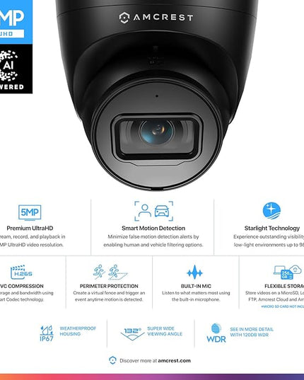 Amcrest 5MP Turret POE Camera, UltraHD Outdoor IP Camera POE with Mic/Audio, 5-Megapixel Security Surveillance Cameras, 98ft NightVision, 132° FOV, IP67, MicroSD (256GB) Black IP5M-T1179EB-AI-V3 Amcrest