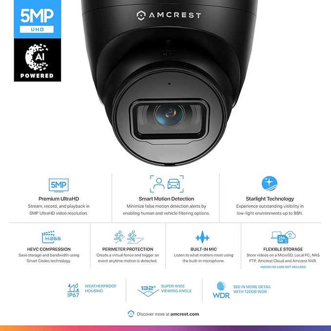 Amcrest 5MP Turret POE Camera, UltraHD Outdoor IP Camera POE with Mic/Audio, 5-Megapixel Security Surveillance Cameras, 98ft NightVision, 132° FOV, IP67, MicroSD (256GB) Black IP5M-T1179EB-AI-V3 Amcrest