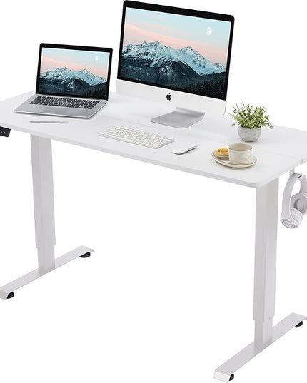 Electric Standing Desk, 48x24 Height Adjustable Desk Memory Preset, Office Desk with Cable Management Tray and Side Hooks, White Steel Frame & White Top - LeafyLoom