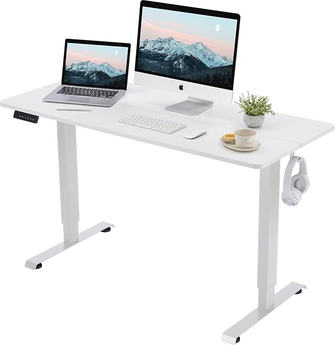 Electric Standing Desk, 48x24 Height Adjustable Desk Memory Preset, Office Desk with Cable Management Tray and Side Hooks, White Steel Frame & White Top - LeafyLoom