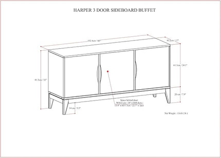 SIMPLIHOME Harper Solid Hardwood and Rubberwood 60 inch x 17 inch Rectangle Mid Century Modern 3 Door Sideboard Buffet/Storage Cabinet in Walnut Brown for The Dining Room and Kitchen - LeafyLoom