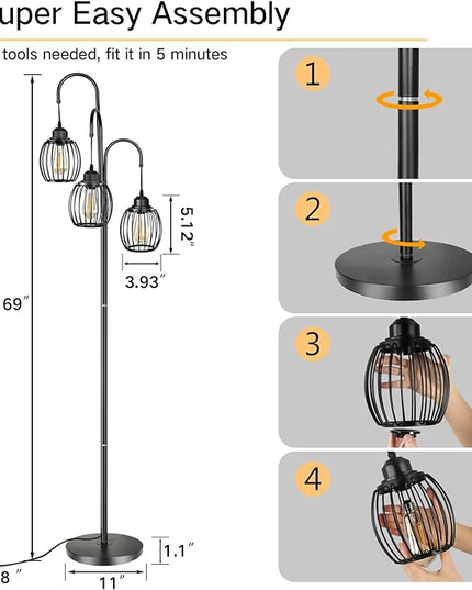 OUTON Dimmable Industrial Floor Lamps for Living Room, Standing Tall Lamps with 3 Arc Hanging Iron Wire Cage Heads & 3 LED Edison Bulbs, Rustic Tree Floor Lights for Farmhouse, Bedroom, Office, Black - LeafyLoom