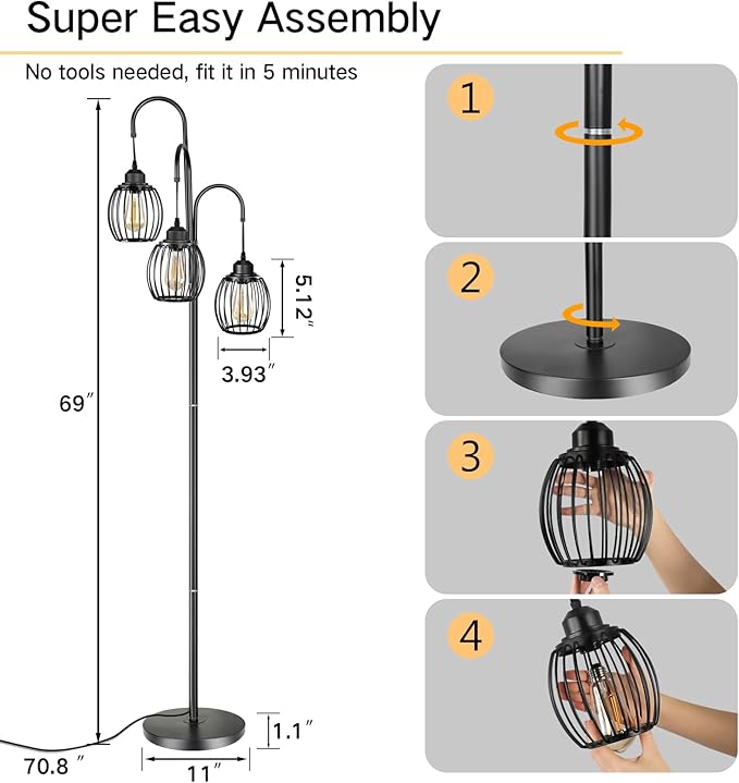 OUTON Dimmable Industrial Floor Lamps for Living Room, Standing Tall Lamps with 3 Arc Hanging Iron Wire Cage Heads & 3 LED Edison Bulbs, Rustic Tree Floor Lights for Farmhouse, Bedroom, Office, Black - LeafyLoom