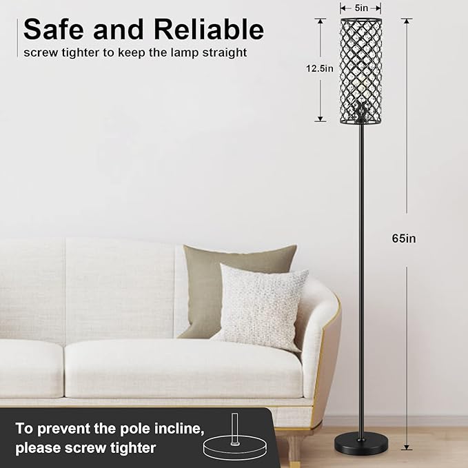 Acaxin Crystal Floor Lamp for Bedroom Black, Living Room Floor Lamps with Bulb, Modern Tall Lamp for Bedroom, Glam Standing Light for Girls Bedroom, Minimalism Pole Corner Lamp for Office, Dorm Hotel - LeafyLoom