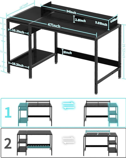 Computer Desk - 47” Gaming Desk, Home Office Desk with Storage, Small Desk with Monitor Stand, Storage Space-Savor, Modern Table, Black. - LeafyLoom