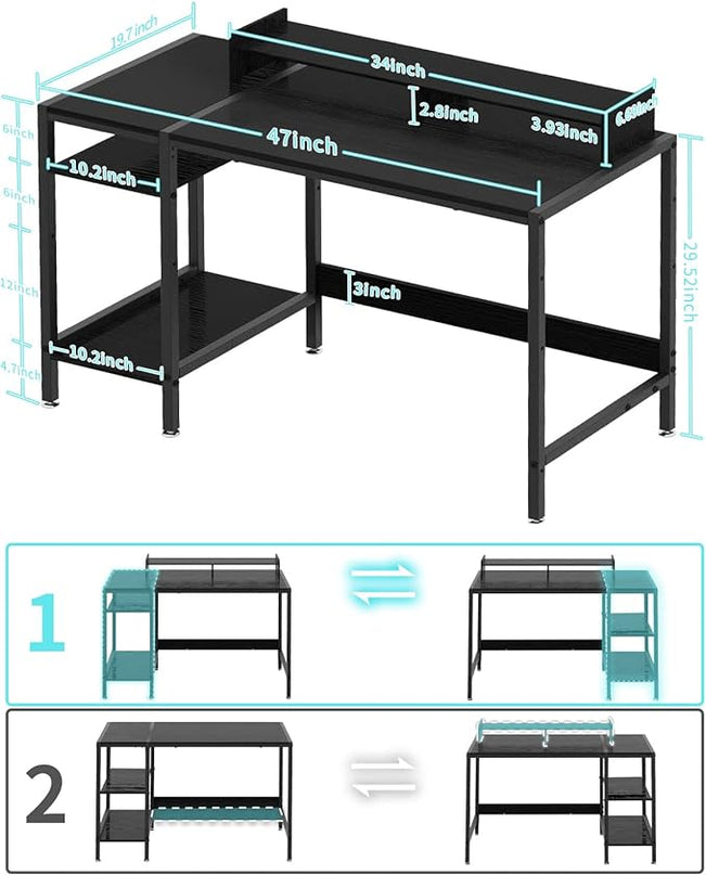 Computer Desk - 47” Gaming Desk, Home Office Desk with Storage, Small Desk with Monitor Stand, Storage Space-Savor, Modern Table, Black. - LeafyLoom