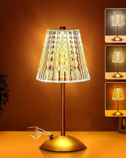 Portable Crystal LED Table Lamp, 3-Levels Brightness Desk Lamp, 3 Color Touch Control Rechargeable Lamp, Night Light, Bedside Lamp,Dining Room Lamp (Gold) - LeafyLoom
