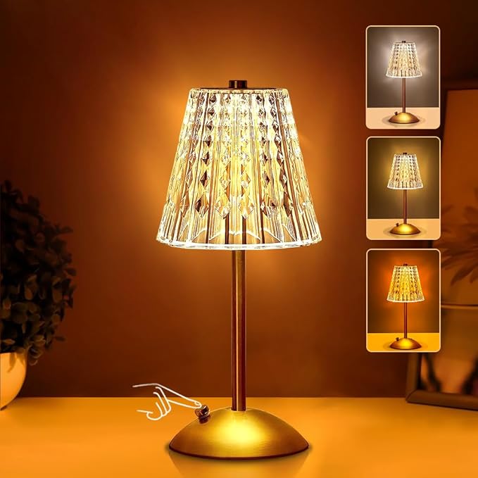 Portable Crystal LED Table Lamp, 3-Levels Brightness Desk Lamp, 3 Color Touch Control Rechargeable Lamp, Night Light, Bedside Lamp,Dining Room Lamp (Gold) - LeafyLoom