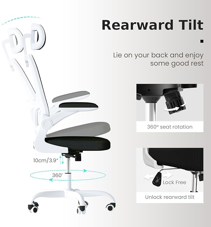Ergonomic Office Chair, High Back Home Desk Chair with Adjustable Lumbar Support and Headrest, Breathable Mesh Swivel Task Chair, White Executive Computer Chair, 1 Pack - LeafyLoom