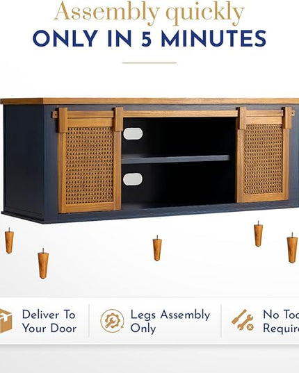 Bme Premium Arvid TV Console Table, Pre-Assembled Entertainment Center for up to 70 inch TV, Solid Wood TV Table with Rattan Sliding Doors, Media Console - LeafyLoom