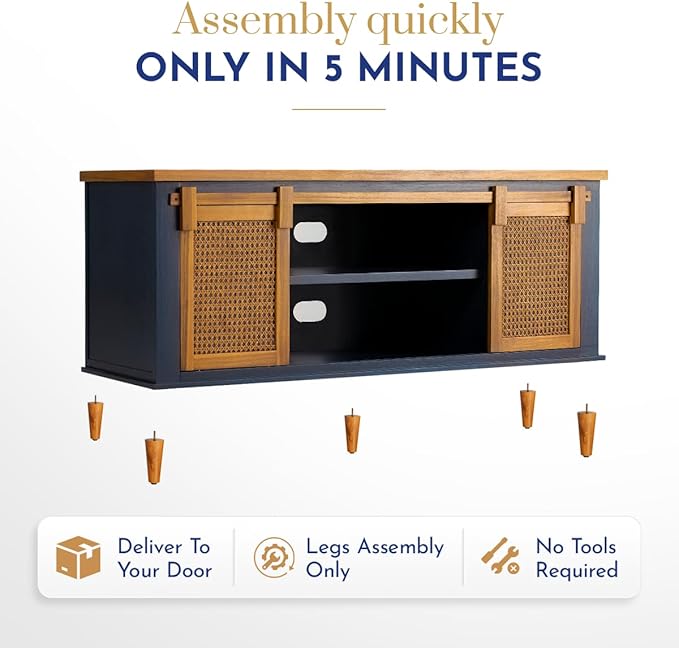 Bme Premium Arvid TV Console Table, Pre-Assembled Entertainment Center for up to 70 inch TV, Solid Wood TV Table with Rattan Sliding Doors, Media Console - LeafyLoom