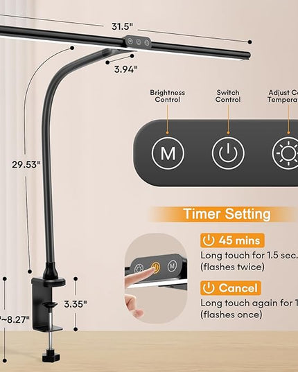 Hokone Desk Lamps for Home Office, 31.5" Wide Architect Desk Lamp with Clamp, Tall Office Lamp Dimmable, Black Desk Light with Timer, Bright Gooseneck Lamp for Workbench/Desktop - LeafyLoom