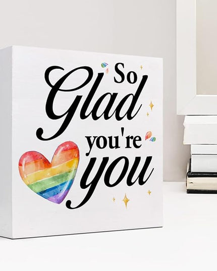 So Glad You're You Rainbow Heart Wood Box Sign Decor Desk Sign,Inspirational Affirmation Wooden Box Block Sign for Home Office Shelf Table Decor Decorations - LeafyLoom